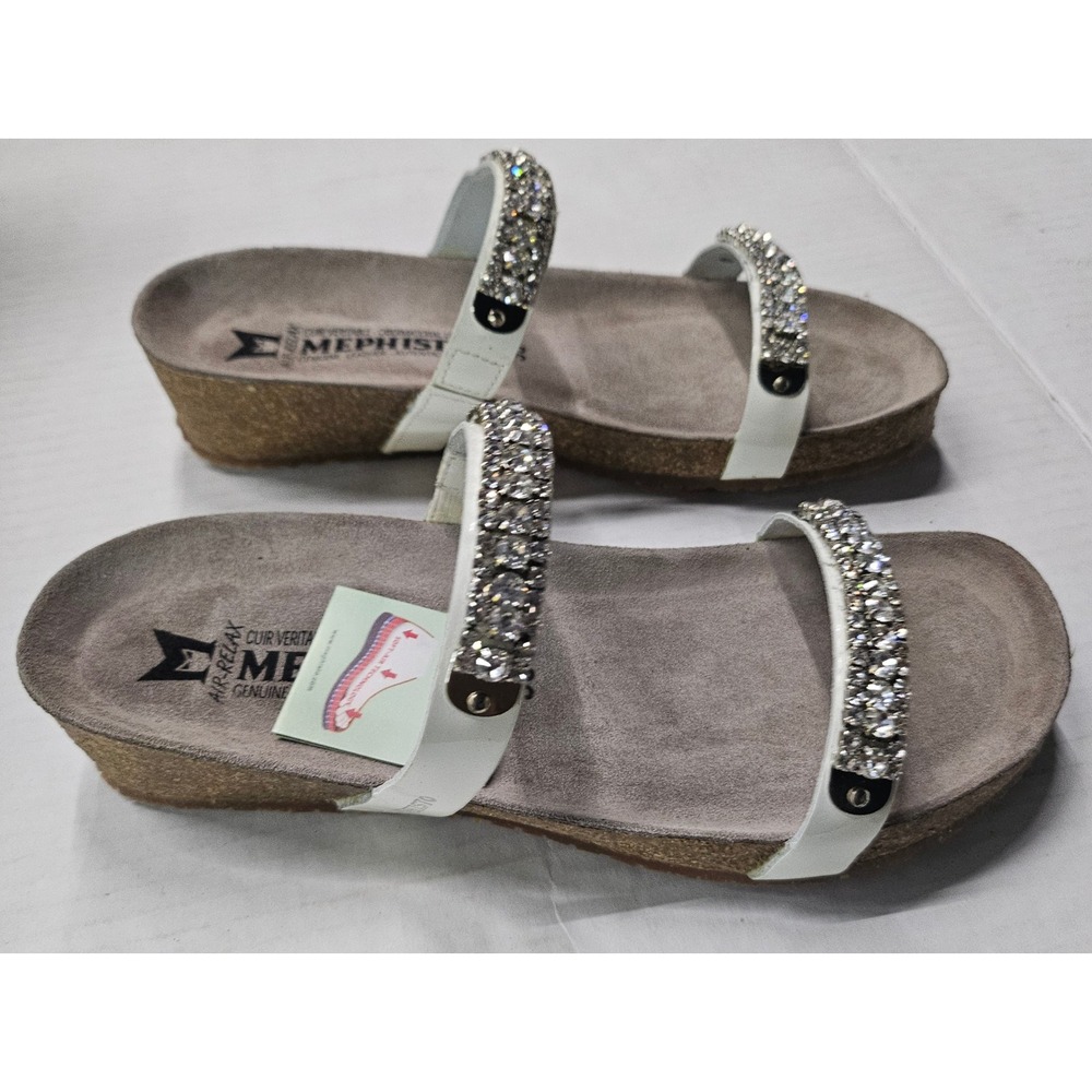 Mephisto Ivana Sandals Women 5 White Rhinestone Patent Leather Wedge Slides NEW - Picture 4 of 10